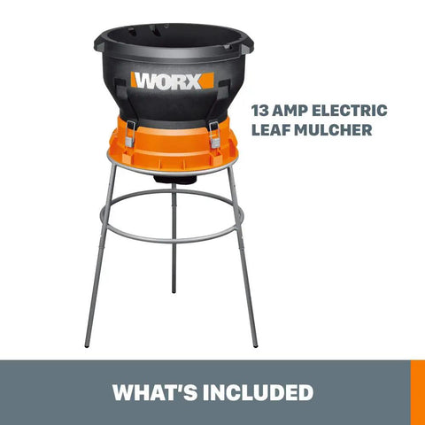 Image of 13 Amp Corded Leaf Mulcher Shredder with high-compression mulching, powerful yet compact yard waste shredder shown on stand.