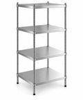 Rock Solid Commercial Stainless Steel Shelving Unit Featuring Four NSF Approved Solid Racks For Heavy Duty Kitchens And Shops with four stainless steel tiers.