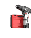 Brushless Cordless Power Drill With 16.8V Battery And A Rock Solid Metal Ratchet Chuck Heavy Duty Impact Driver side view with battery.