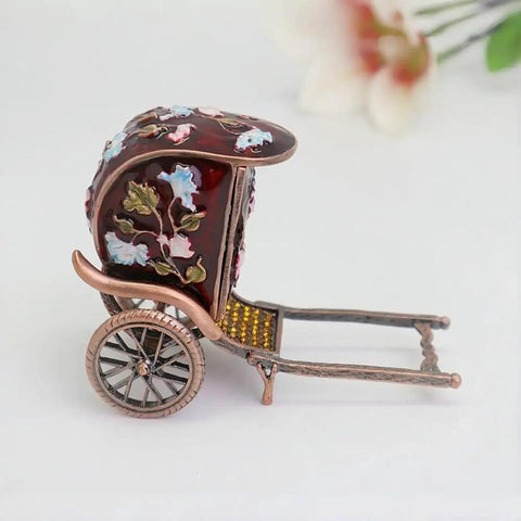 Vintage Enamel Rickshaw Jewelry Box Featuring Tight Floral Craftsmanship And Classic Retro Styling That Totally Hits Different As A Slick Trinket Keeper Or Epic Home Office Decor For Collectors, side view.