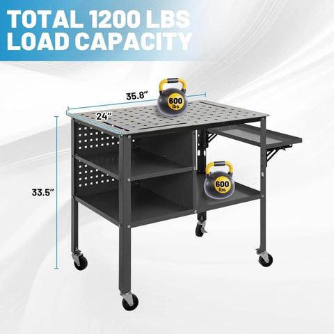 36 By 24 Inch Welding Table With Wheels Mobile Steel Workstation Heavy Duty Design Perfect For Sawing And Fabrication Up To 1200 Lbs Load Capacity And Versatile Universal Work Surface, side view showing load capacity numbers.