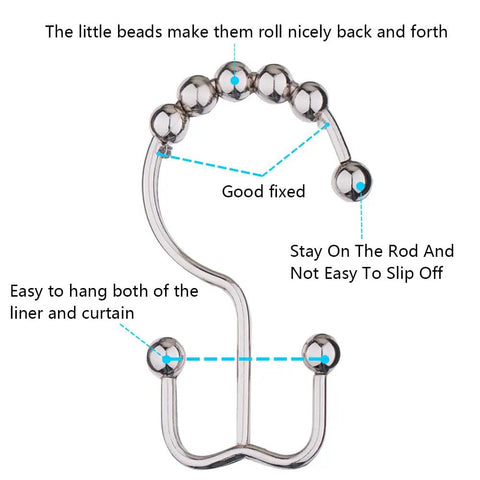 Rust Proof Stainless Steel Shower Curtain Hooks Set Of 12 With Easy Glide Double Rings Brushed Nickel diagram with labels