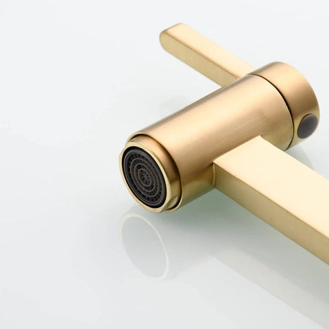 Brushed Gold Wall Mount Pot Filler Faucet With Folding Reach And Brass Construction Sixteen Point Seven Inch Extension