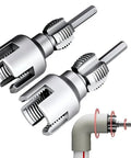 Heavy Duty Pipe Thread Cutter And PVC Threading Tool Kit For All Electric Drills Pro Grade Carbon Steel Dual Function Internal And External Threader For One Half Inch And Three Quarter Inch PVC Pipes Easy To Use At Home Or DIY Friendly Workshop, showing dual function cutters and PVC pipe installation.