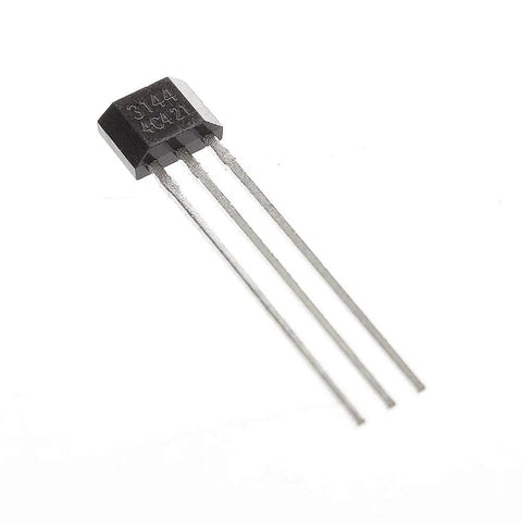 Ten Pcs A3144 Hall Effect Sensor Magnetic Detector Three Pin Switch showing three metal pins and solid state housing for automotive use.