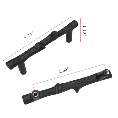 8 Pack Black Twig Branch Cabinet Knobs and Rustic Drawer Pulls Set with Alloy Leaf Design detailed view and measurements shown.