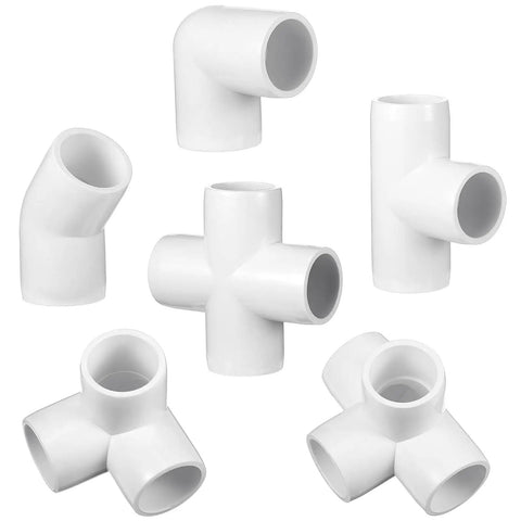42-Piece Half Inch PVC Pipe Fittings Elbow Set including 3-way, 4-way, 90-degree, and 45-degree angles for DIY projects.
