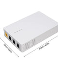 Mini Ups 6000 Mah Backup Juice For Router Modem Keep Your Home Internet Running Smooth During Unexpected Blackouts Dual DC Ports Plug And Play Lifesaver compact design with input and output ports, dimensions shown.
