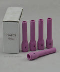 Top Tier Long Style TIG Ceramic Gas Nozzles Hella Durable Alumina Shanks Ten Piece Pack shown in a box, featuring 6 pink ceramic nozzles.