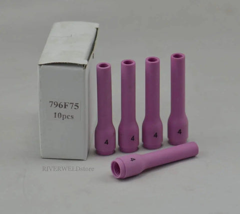Top Tier Long Style TIG Ceramic Gas Nozzles Hella Durable Alumina Shanks Ten Piece Pack shown in a box, featuring 6 pink ceramic nozzles.