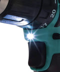Close-up of Compact 12V Max Cordless Driver Drill With Three Eighths Inch Chuck Dual Speed 0 To 450 And 0 To 1700 RPM 250 Inch Pounds Torque Rubberized Soft Grip Slide Battery Tool Only Go To Workhorse with LED light