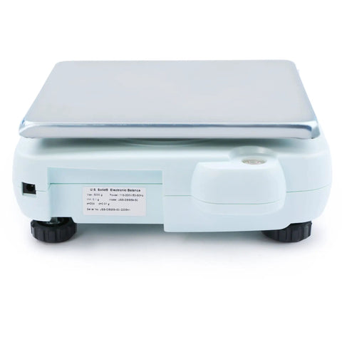 High Precision Analytical Balance 5kg Capacity With 0.01g Resolution back view, stainless steel pan, AC or DC power port visible