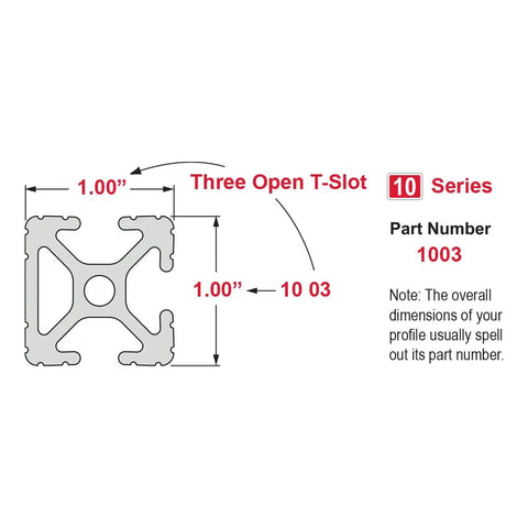 One Inch By One Inch By Twelve Inch Aluminum Extrusion Profile For Linear Motion, 6063 T6, Clear Anodized Finish, 10 Series 8020 Compatible, Three Open T Slots, DIY Friendly for CNC, 3D Printer Rails, Robotics, And Modular Frames. 1x1 profile cross-section diagram