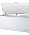Heavy Duty Commercial Chest Freezer That Runs On Beast Mode Keeping Food Dead Cold Even When The Hinged Lid Stays Open, showing its interior and hinged lid.