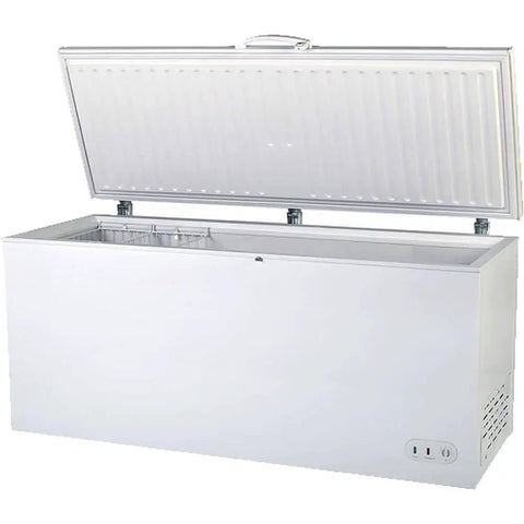 Heavy Duty Commercial Chest Freezer That Runs On Beast Mode Keeping Food Dead Cold Even When The Hinged Lid Stays Open, showing its interior and hinged lid.