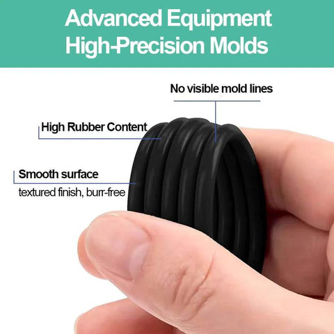 Close-up of black rubber O-ring held between fingers; part of 225-piece kit with 20 sizes for plumbing seals