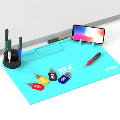 Dope Heat Resistant Silicone Soldering Mat For Electronics Repair Large Anti Static Work Pad with tools and RF4 branding.