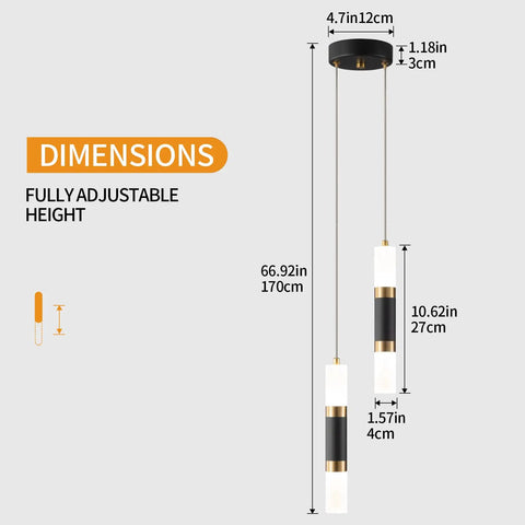 Two Light Pendant Lights For Kitchen Island Dimmable LED Modern Mini Pendant Fixtures in dimensions view