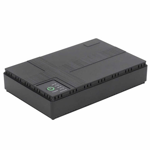 Compact 10400mAh UPS Battery Backup With 36W Output, black casing, showcasing power indicators and efficient design.