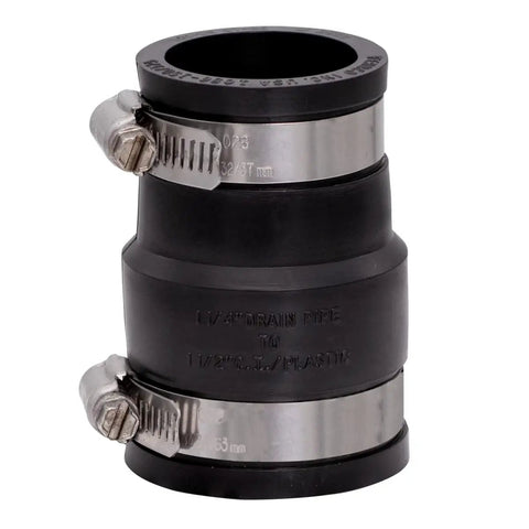 1-1/2 Inch By 1-1/4 Inch Flexible PVC Pipe Coupling For Cast Iron And Plastic Plumbing Connections, 2-Pack, Leak-Proof, Chemical-Resistant Fit That Keeps Sewer Gases Out, Easy Install For Home DIY Plumbing Projects. Black flexible PVC pipe coupling with stainless steel clamps