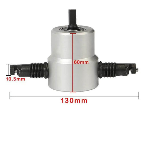 Double Head Sheet Metal Nibbler Saw Cutter For Electric Drill Attachment dimensions display, ergonomic grip, 360 degree adjustable head
