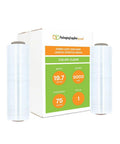 Heavy Duty Cast Stretch Wrap And Shrink Film For Pallet Wrapping Machines 19.7 Inch By 5000 Ft 75 Gauge, clear cast rolls beside box.