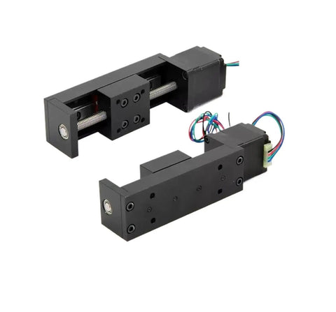 Integrated 3 Axis Gantry Linear Stage Module Featuring T Type Slide Rails And 28mm Stepper Motor showing black metal construction and wiring.