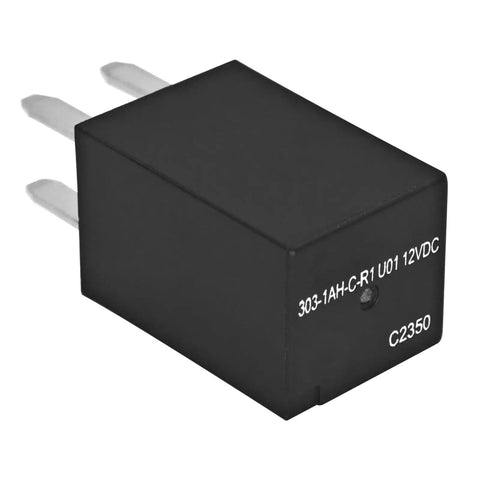 Ultra Micro ISO Automotive Relay Pack of 6, 12V DC, 20A SPNO, black, high temp resistant, compact design for tight spaces.