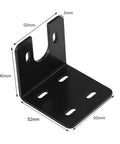 Black metal motor mounting bracket with L-shaped base and vertical tab, 50x50mm base with four slots.