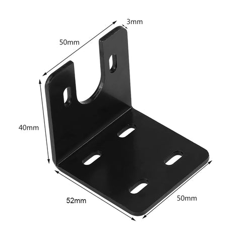 Black metal motor mounting bracket with L-shaped base and vertical tab, 50x50mm base with four slots.