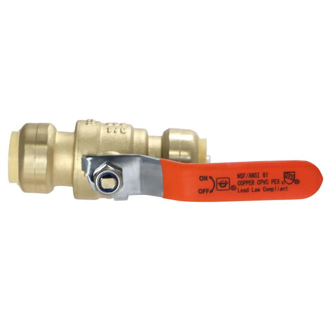 Side view of 10-Piece 3/4-Inch Push Fit Ball Valve Set for Copper CPVC and PEX Piping, No-Sweat Quick-Connect Brass Body, Lead-Free and Durable