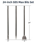 Front view of 24-inch SDS Max 3pc masonry bit set: steel chisels, 1-inch flat, point, and 3-inch scaling.