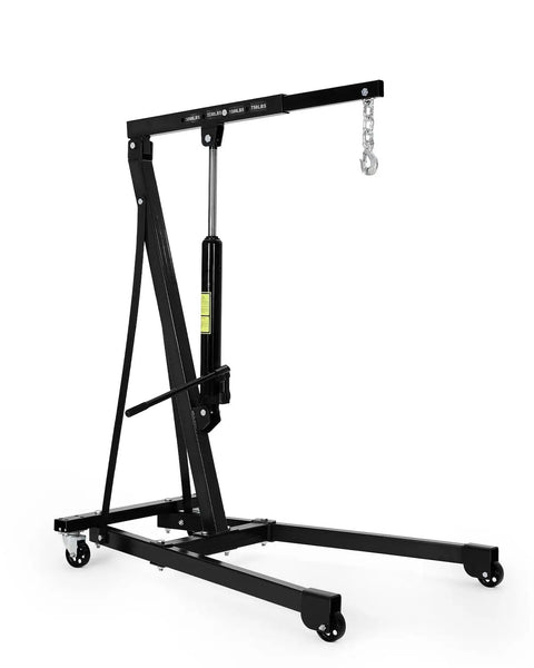 No Sweat Heavy Duty Hydraulic Engine Hoist 3000 Lbs Portable Shop Cherry Picker with telescopic boom and rolling casters.