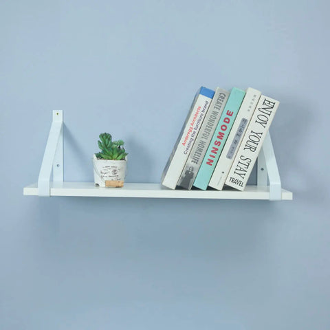 Heavy Duty Wall Shelf Brackets 2 Pack White Industrial Floating Metal Brackets with books and a plant on shelf