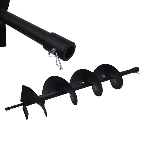 Close-up of Six Inch Auger Drill Bit with Three Quarter Inch Shaft for Planting and Garden Work, showing black cast steel construction and spiral design.