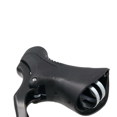 Close-up of Beefy Aluminum Alloy Bicycle Brake Levers for Mountain Bikes, black matte finish, anti-slip texture, fits 22.2-23.8mm handlebars.