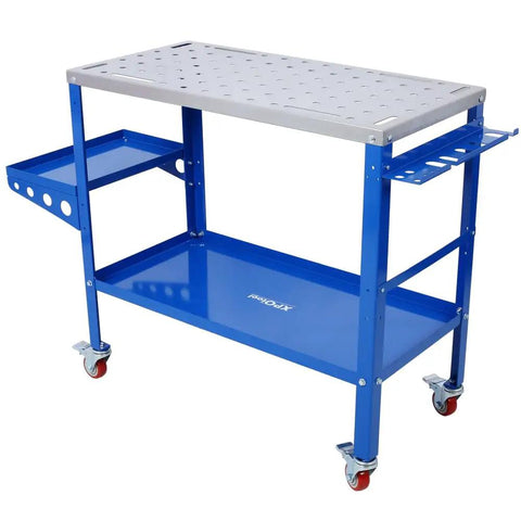 Industrial 36 X 18 Welding Table 1200 Lbs Capacity Steel Workbench with tool tray and blue steel frame, ideal for garage use.