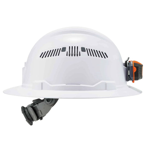 Vented Hard Hat With Light For Night Safety, Full Brim Style, Ratchet Suspension, Class C, Skullerz 8973LED White, side view