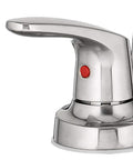 Close-up of Colony Pro Two-Handle Bar Faucet In Stainless Steel With Gooseneck Brass Spout, showing red indicator detail.