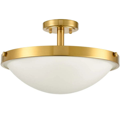 Gold Semi Flush Mount Ceiling Light 16 Inch Mid Century Modern Three Light Milk Glass Fixture With Brass Canopy, side view