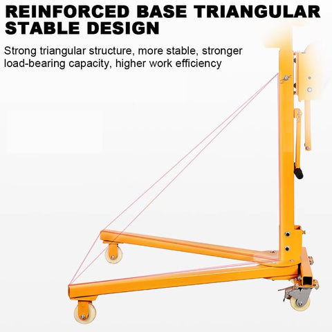 Heavy Duty Manual Crane Workhorse With Swivel Caster Wheels And Self Locking Winch. Triangular stable design with strong base.