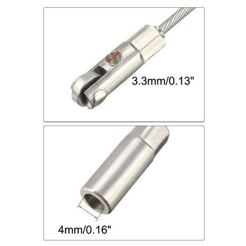 Uxcell 117 Mm Flexible Fish Tape Replacement Leader Steel Wire Cable Puller Roller Guide For 4 Mm Fish Tape close-up of steel wire ends labeled 3.3mm and 4mm