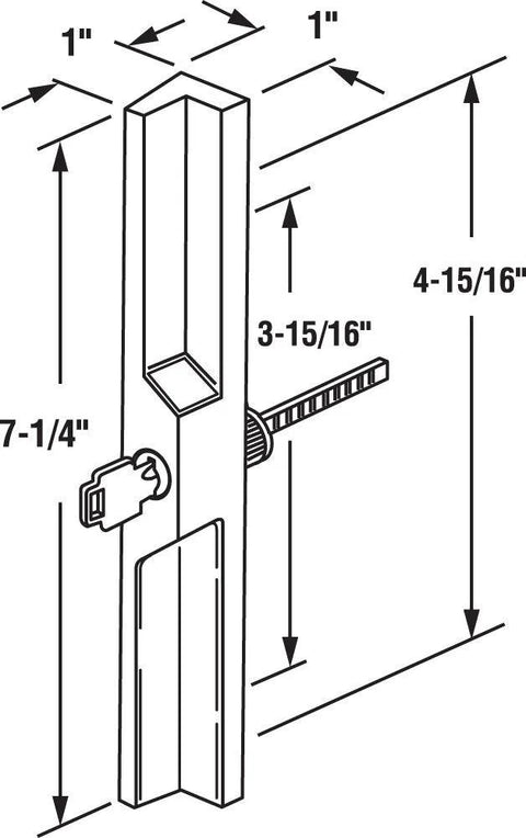 Illustration of diecast outside patio door pull with key for left or right handed doors, black powder coat finish, dual mounting hole patterns.
