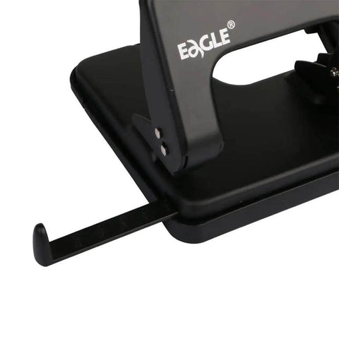 Heavy Duty 3 Hole Punch Workhorse with 30 Sheet Capacity and 50 Percent Less Effort, all metal construction, close-up of adjustable paper guide