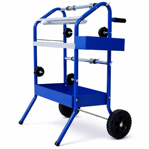 Mobile 18 Inch Multi Roll Masking Paper Machine with storage trays for auto body prep and repair shops in blue