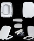 Heavy Duty Square Toilet Seat With Quiet Soft Close Hinges In Classic White Features Thick Polypropylene Shell, viewed from various angles.