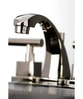 Close-up of Claremont Mini Widespread Lavatory Faucet With Brass Pop Up Drain Polished Brass Finish on sink
