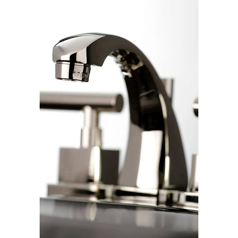Close-up of Claremont Mini Widespread Lavatory Faucet With Brass Pop Up Drain Polished Brass Finish on sink
