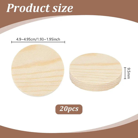 Product size illustration of Unfinished Wooden Circles Craft Blanks, Smooth Two Inch Plywood Discs, 20 pieces, DIY use.