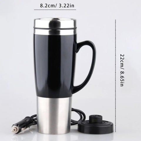 Heavy Duty Stainless Steel Car Kettle 50 Watt Portable Water Heater With Cigarette Lighter Plug For Swift Boiling Road Trip Coffee Mug and Beverage Setup, sleek black design, measures 22cm.